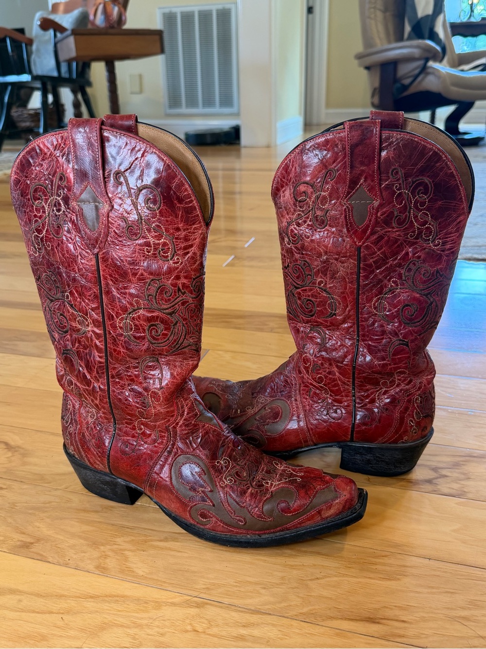 Sterling River Red Leather Western Cowgirl Boots Size 9 B Inlay Stitched